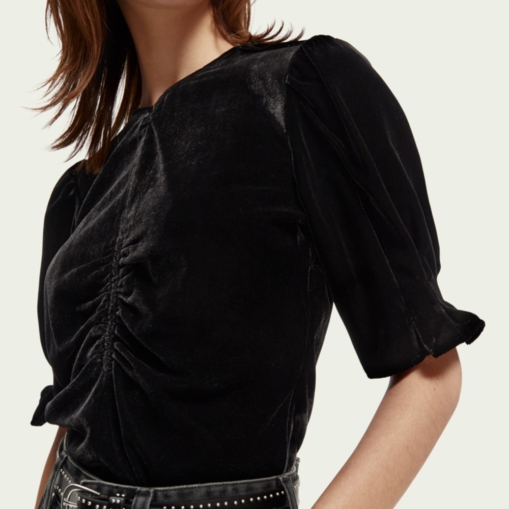 Scotch & Soda Black Velvet Ruched Top Puffed Short Sleeves Keyhole Back NWT